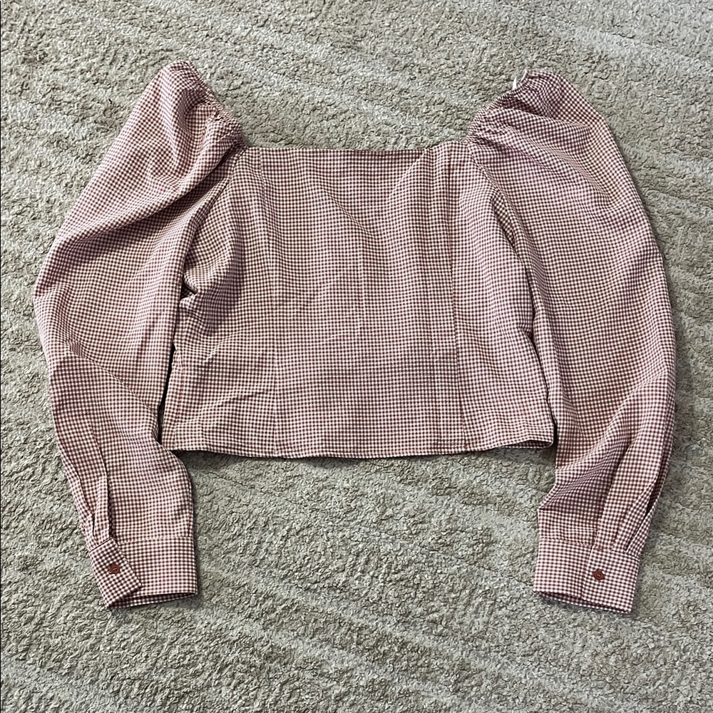 Lulus Demure and Sweet Terracotta Pink Gingham Button-Front Long Sleeve Top XL - Picture 10 of 10